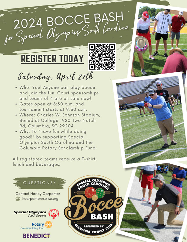 Special Olympics South Carolina 2024 Bocce Bash flyer. Saturday, April 27th