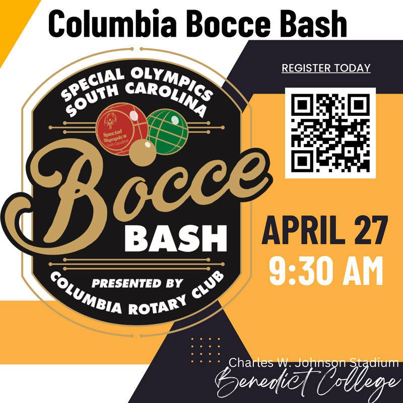 Columbia Bocce Ball<br />
Special Olympics South Carolina Bocce Ball Bash. Presented by Columbia Rotary Club. April 27th 2024 at 9:30am.<br />
Charles W. Johnson Stadium Benedict College. Has a QR Code to Register. 